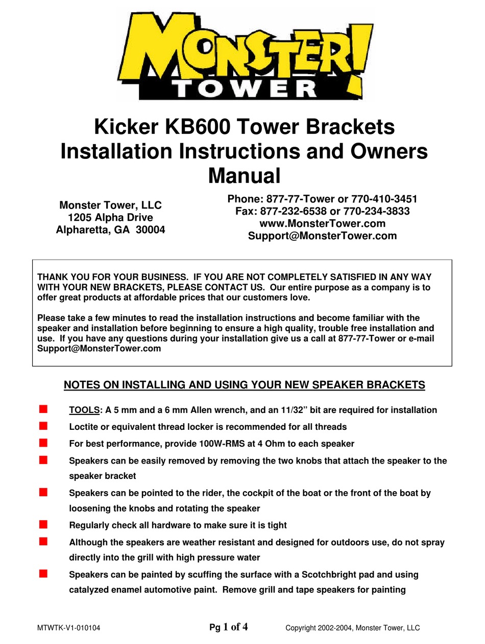 MONSTER KICKER KB600 INSTALLATION INSTRUCTIONS AND OWNER'S MANUAL Pdf