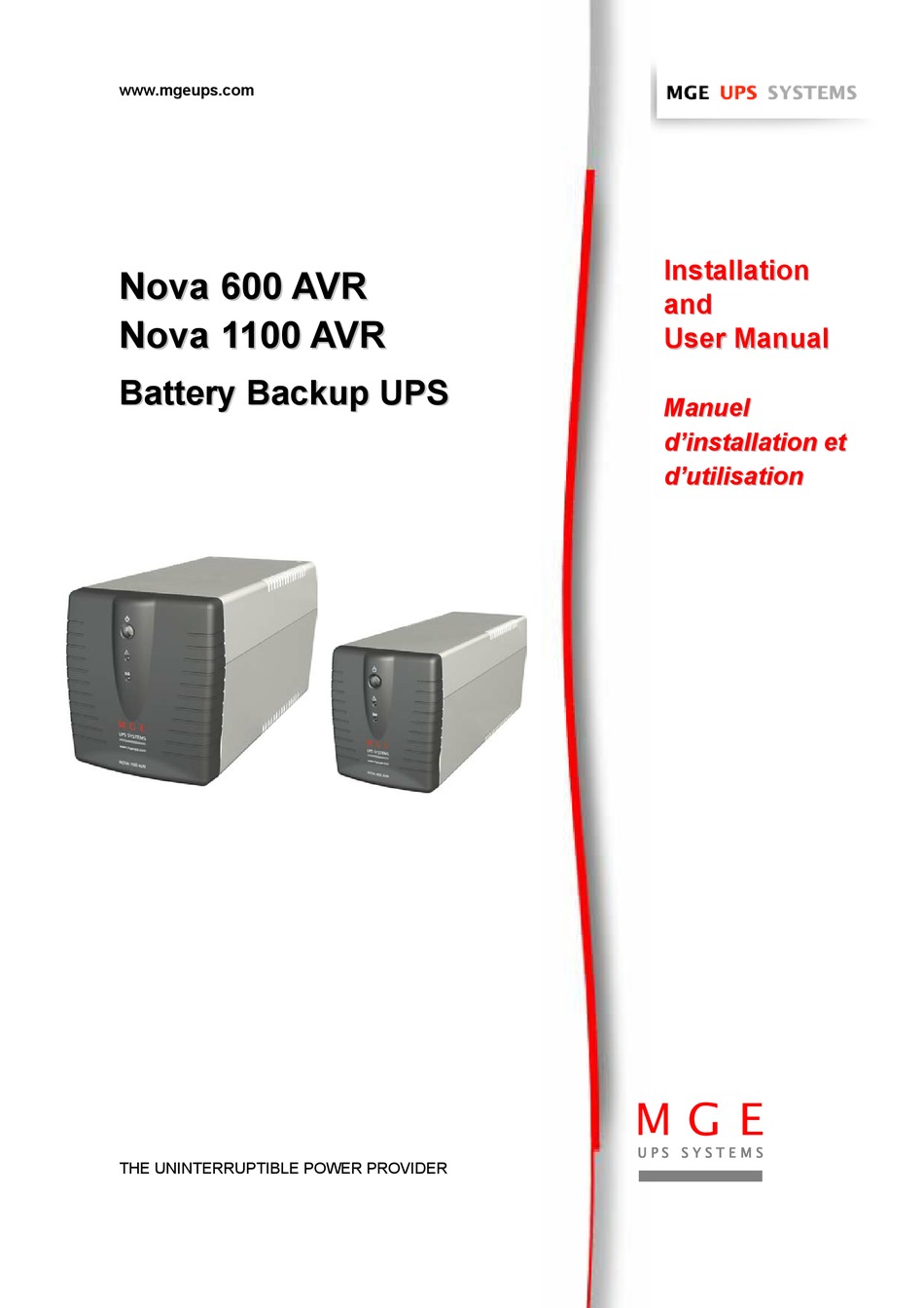 MGE UPS SYSTEMS NOVA 600 AVR INSTALLATION AND USER MANUAL Pdf Download