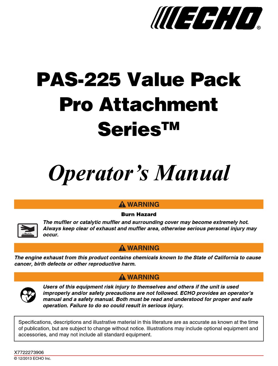 ECHO PRO ATTACHMENT PAS225 OPERATOR'S MANUAL Pdf Download ManualsLib