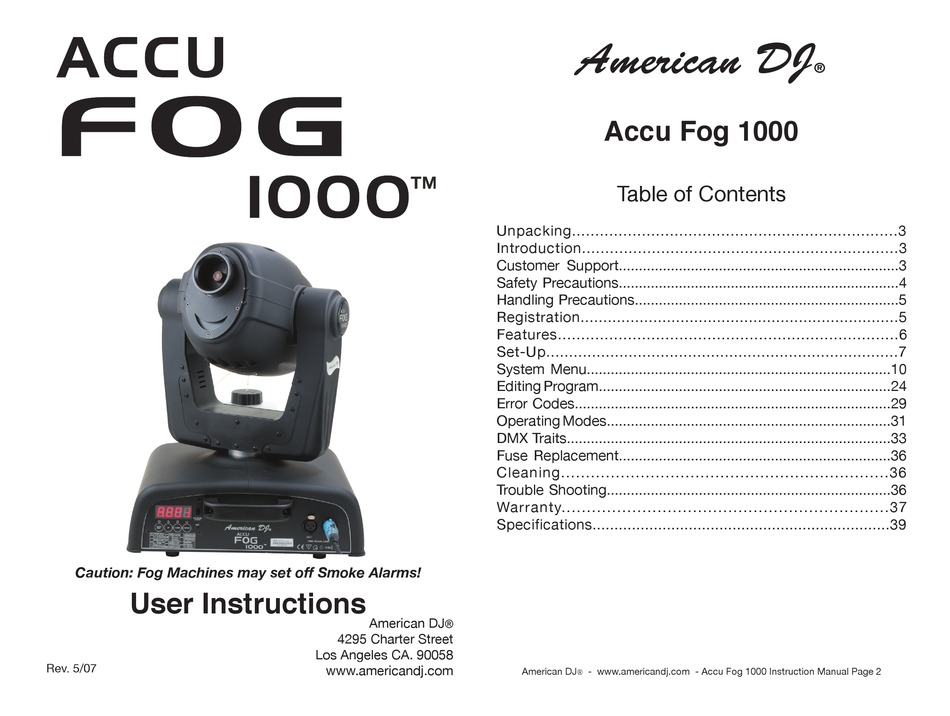 American Dj Accu Fog 1000 User Instructions Pdf Download Manualslib