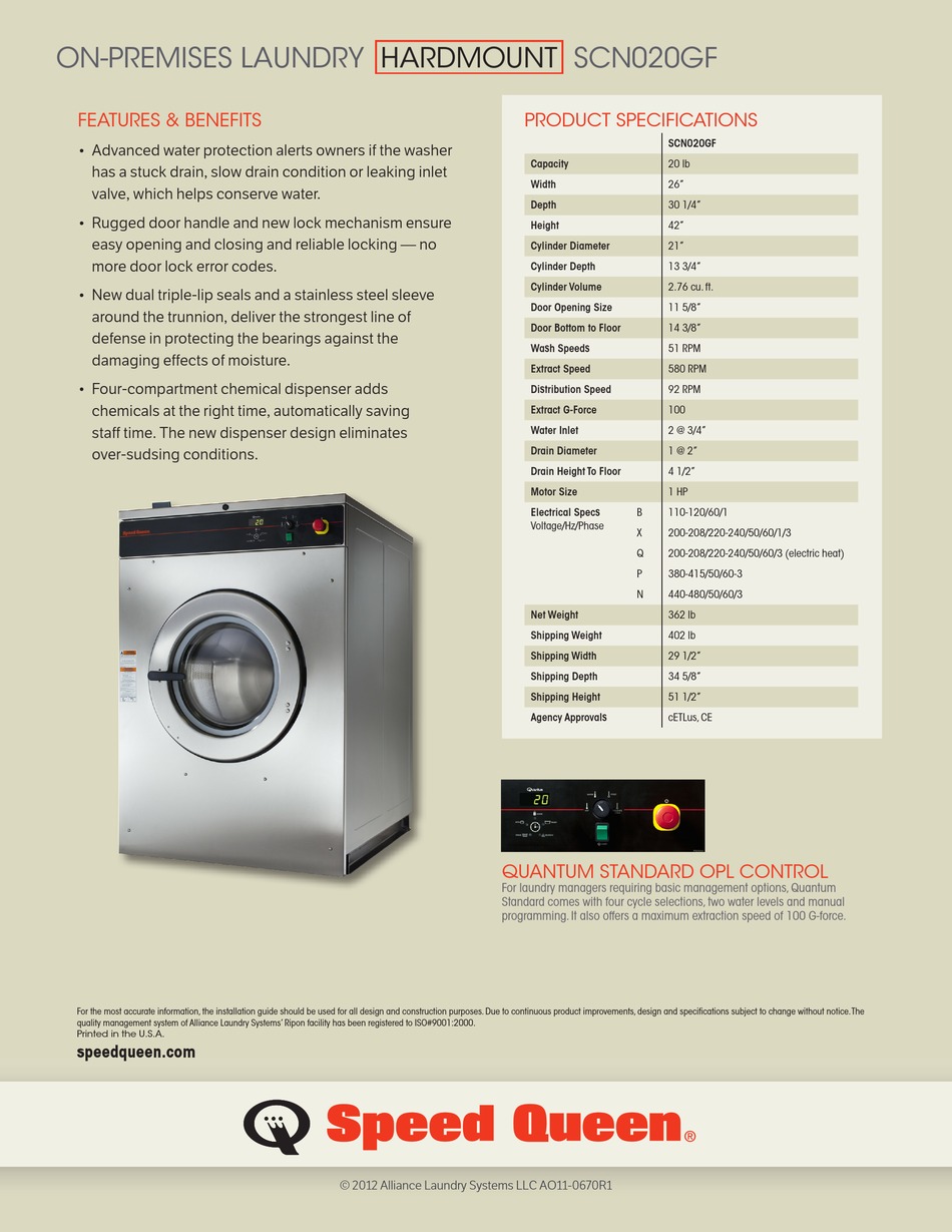 SPEED QUEEN SCN020GF PRODUCT SPECIFICATIONS Pdf Download ManualsLib