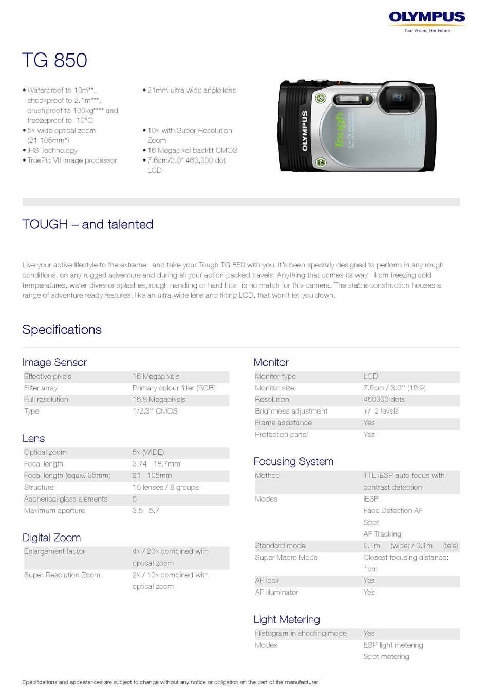 Olympus Tg 850 Specifications Pdf Download Manualslib