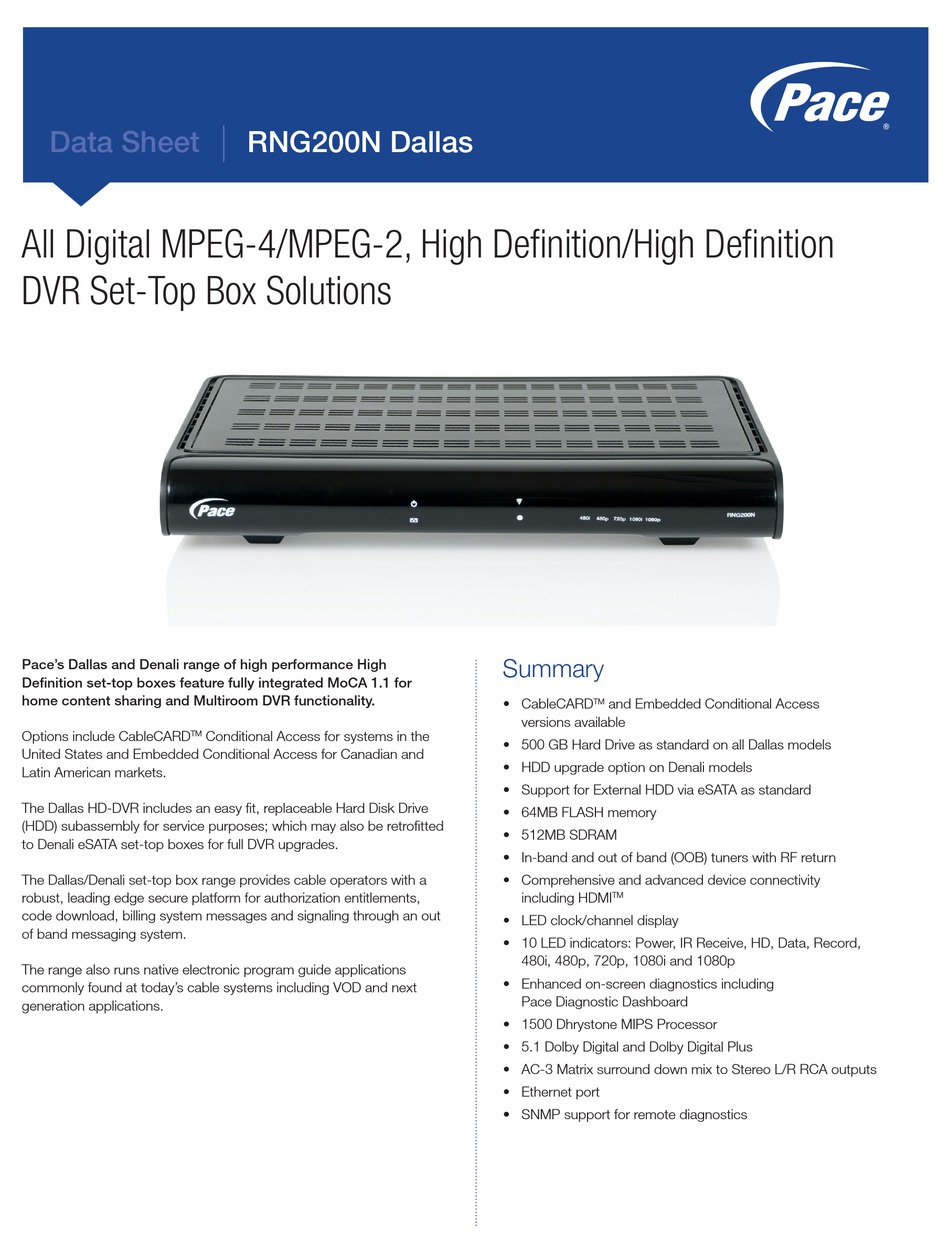 PACE RNG200N DALLAS SPECIFICATIONS Pdf Download ManualsLib