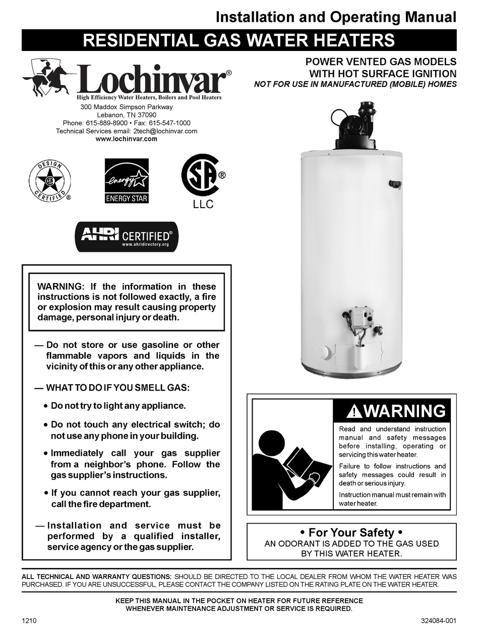 LOCHINVAR POWER VENTED GAS HEATERS INSTALLATION AND OPERATING MANUAL