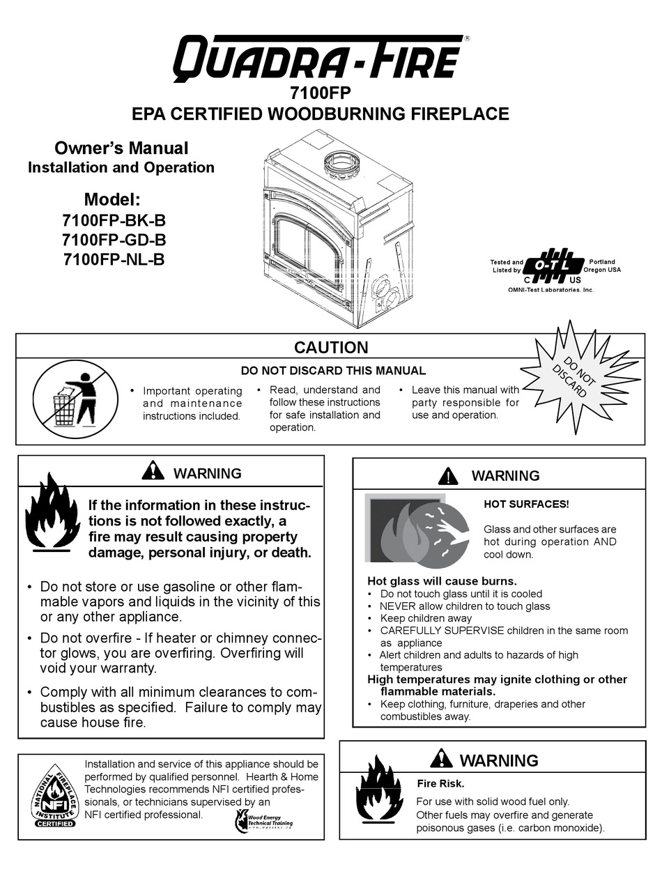 QUADRA-FIRE 7100FP-BK-B OWNER'S MANUAL Pdf Download | ManualsLib