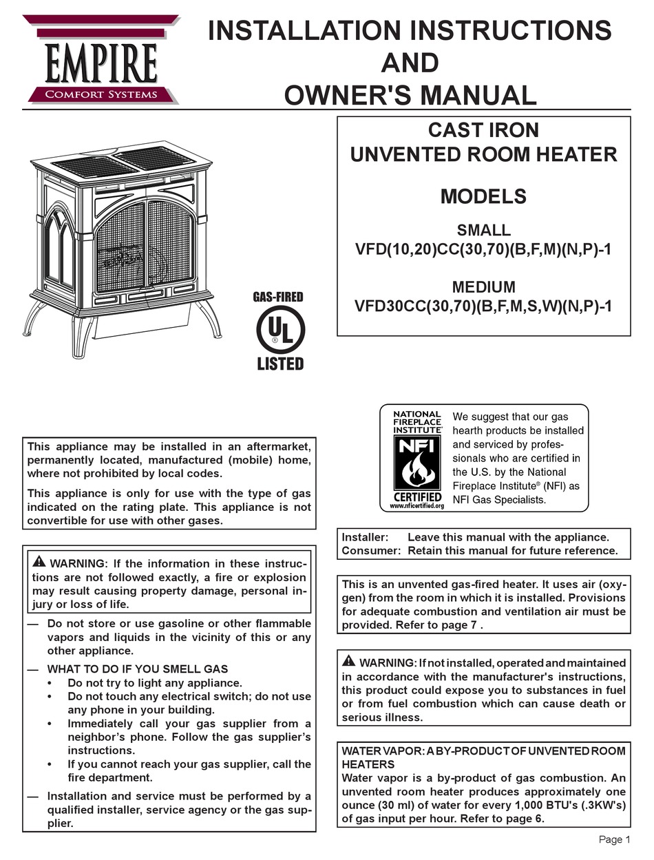 EMPIRE COMFORT SYSTEMS VFD10CC SERIES OWNER'S MANUAL Pdf Download