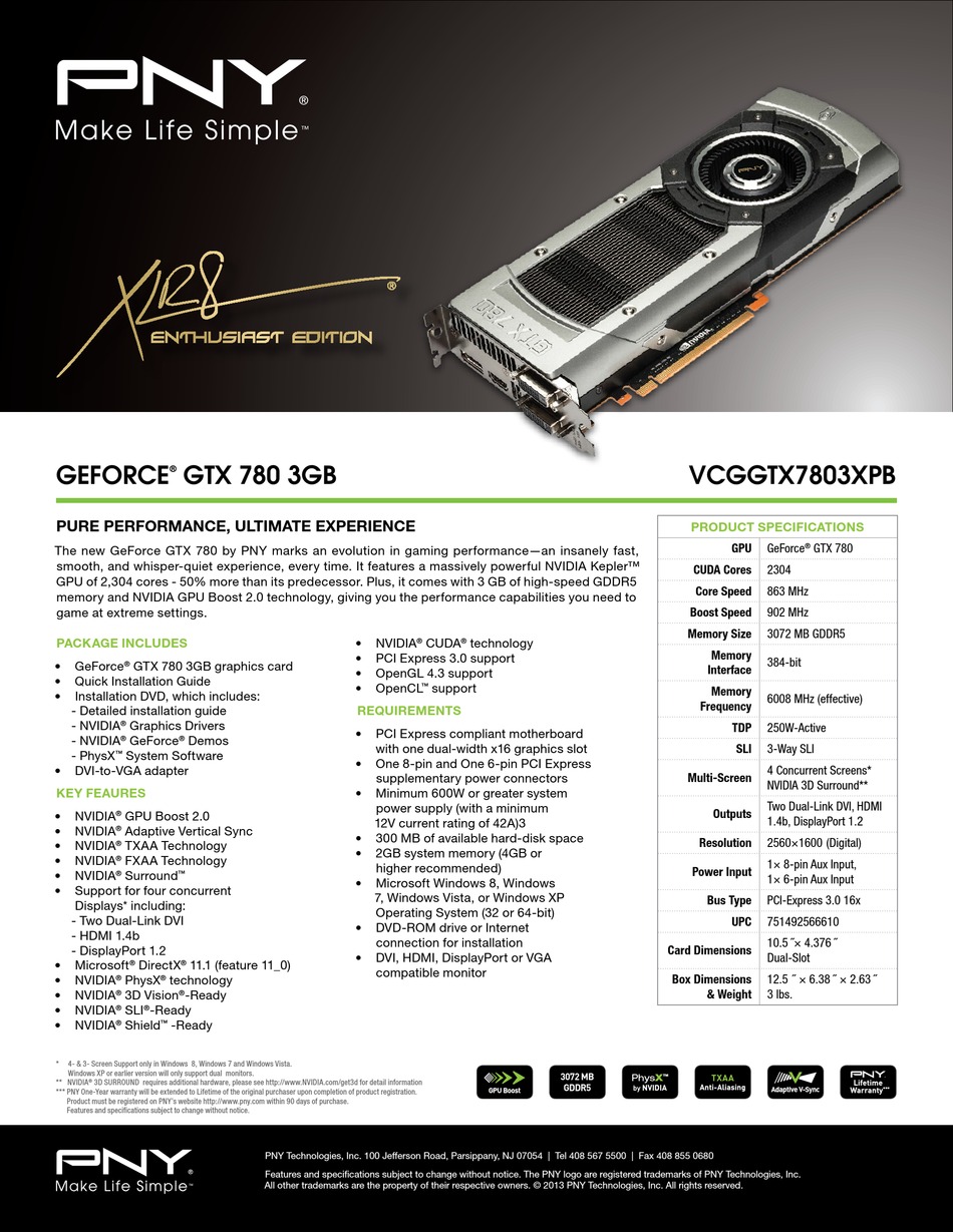 Pny Geforce Gtx 780 3gb Specification Pdf Download Manualslib