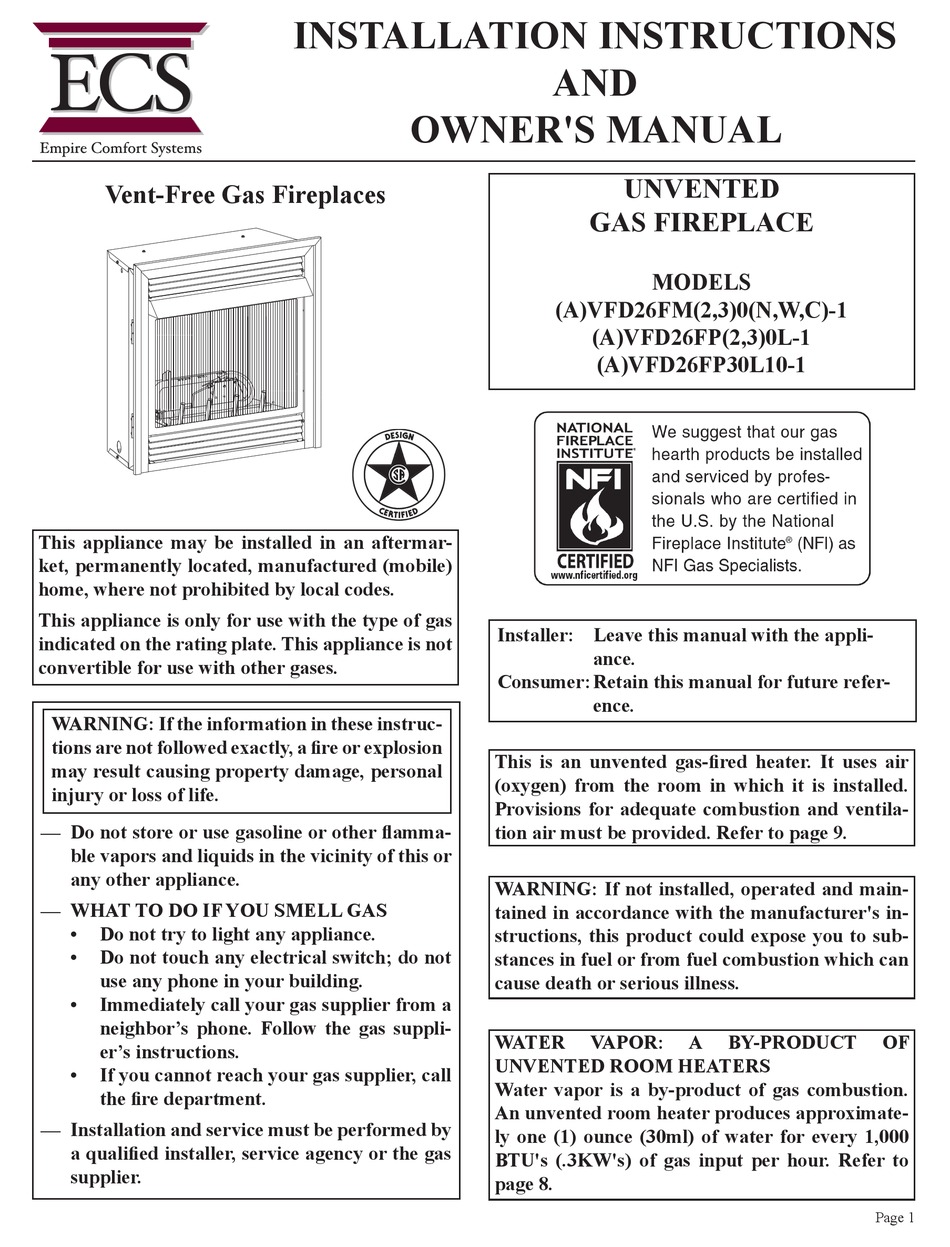 EMPIRE COMFORT SYSTEMS VFD26FM SERIES OWNER'S MANUAL Pdf Download ...