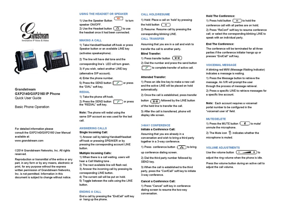 GRANDSTREAM NETWORKS GXP2140 QUICK USER MANUAL Pdf Download | ManualsLib