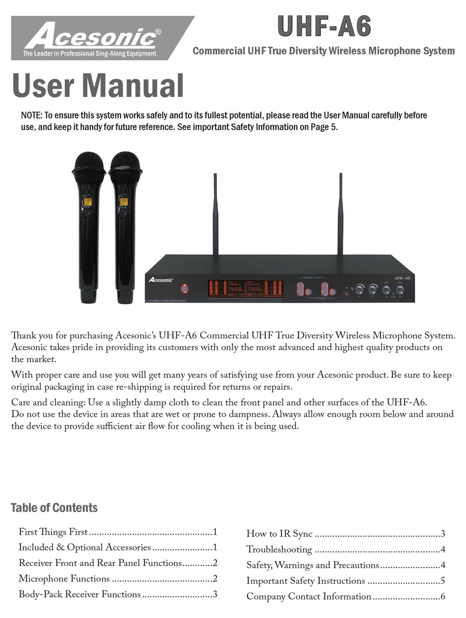 ACESONIC UHF A6 USER MANUAL Pdf Download ManualsLib