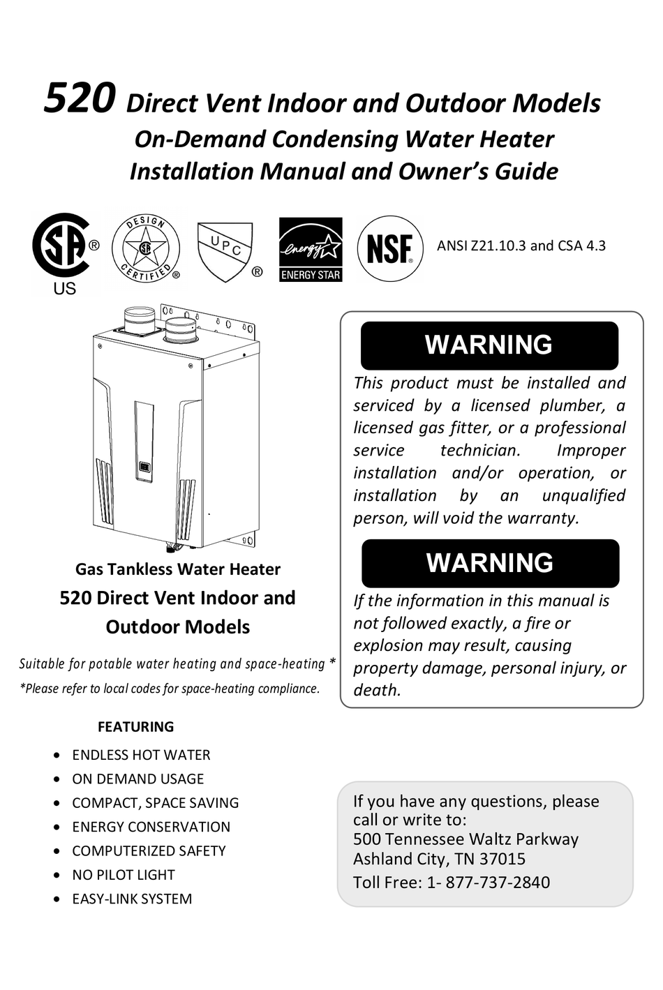 AMERICAN WATER HEATER 520 INSTALLATION MANUAL AND OWNER'S MANUAL Pdf