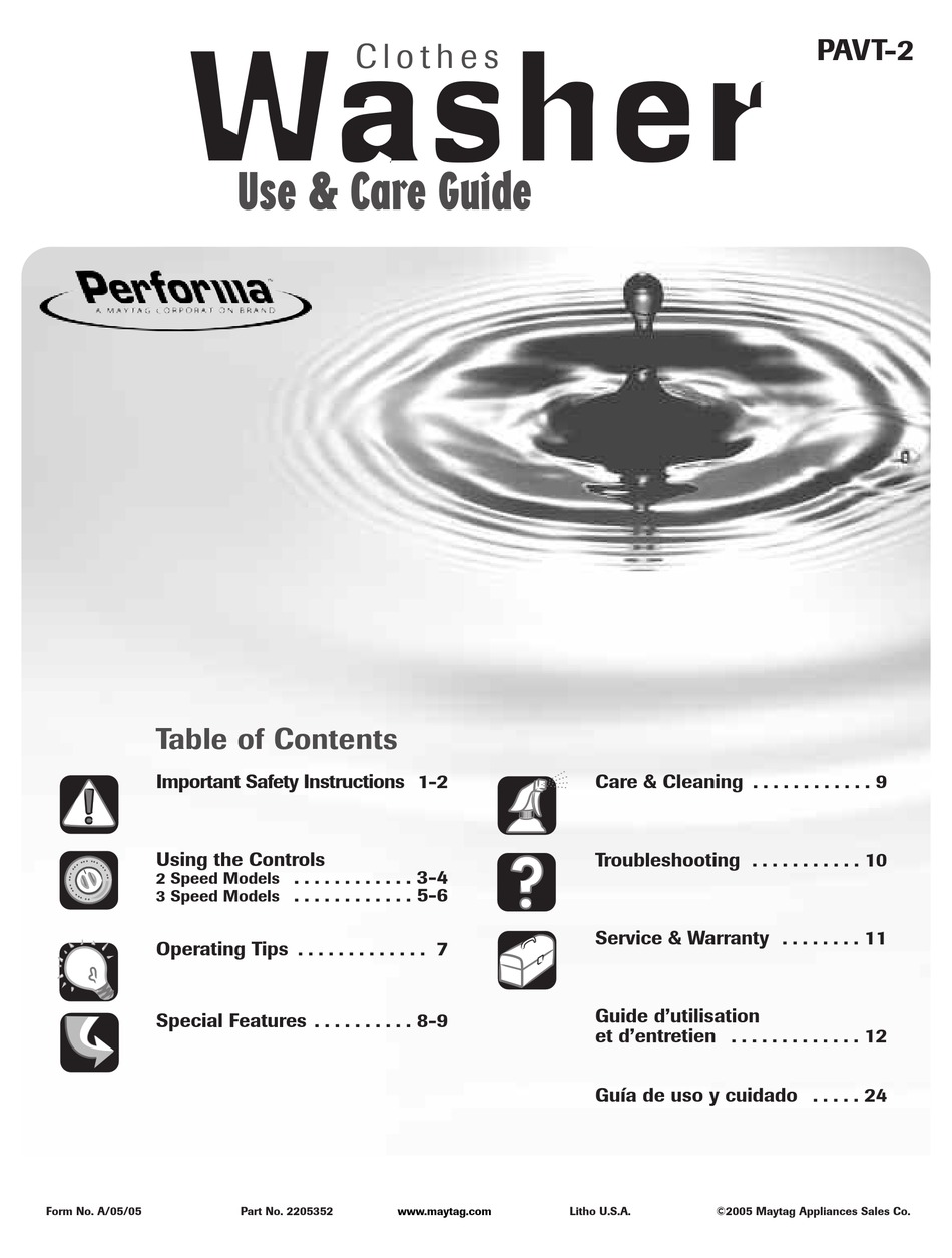 MAYTAG PERFORMA PAVT2 USE & CARE MANUAL Pdf Download ManualsLib