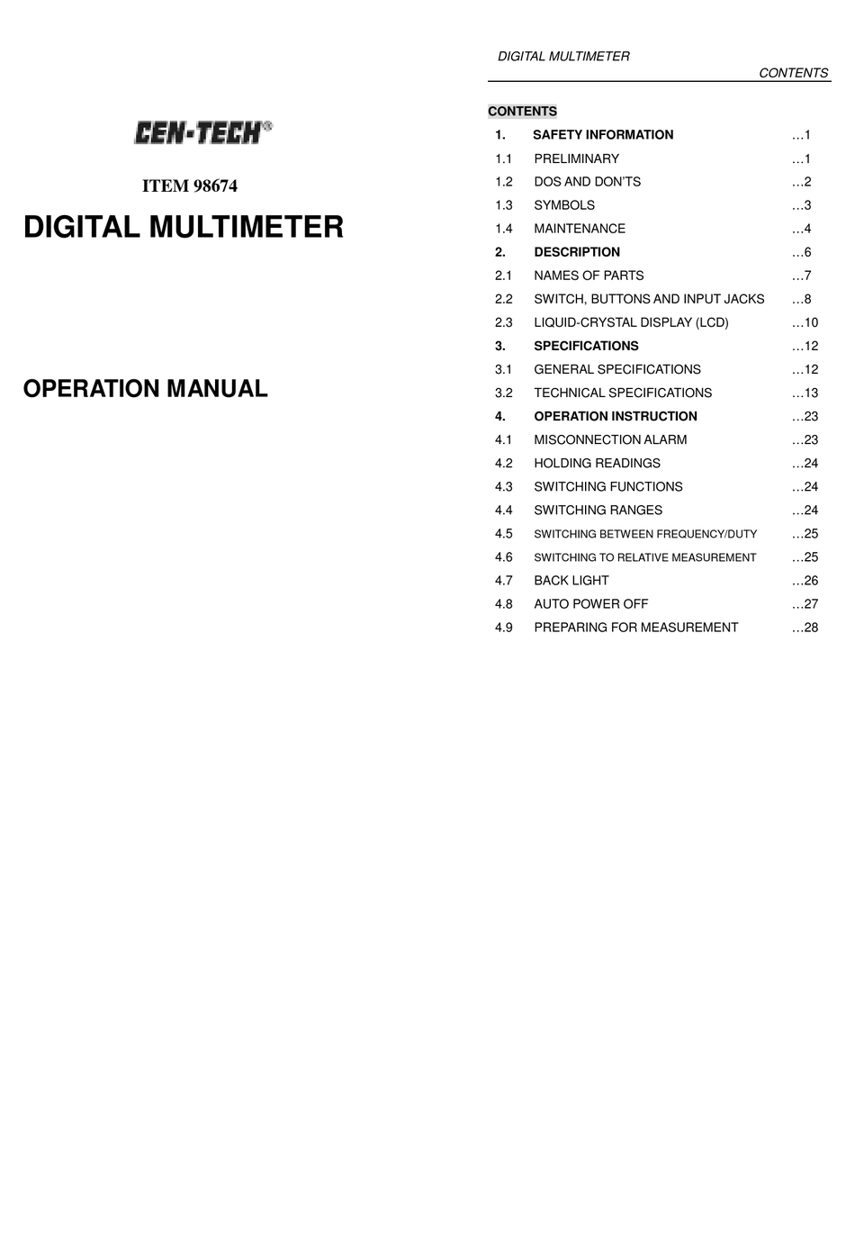Cen-tech Item 98674 Operation Manual Pdf Download Manualslib