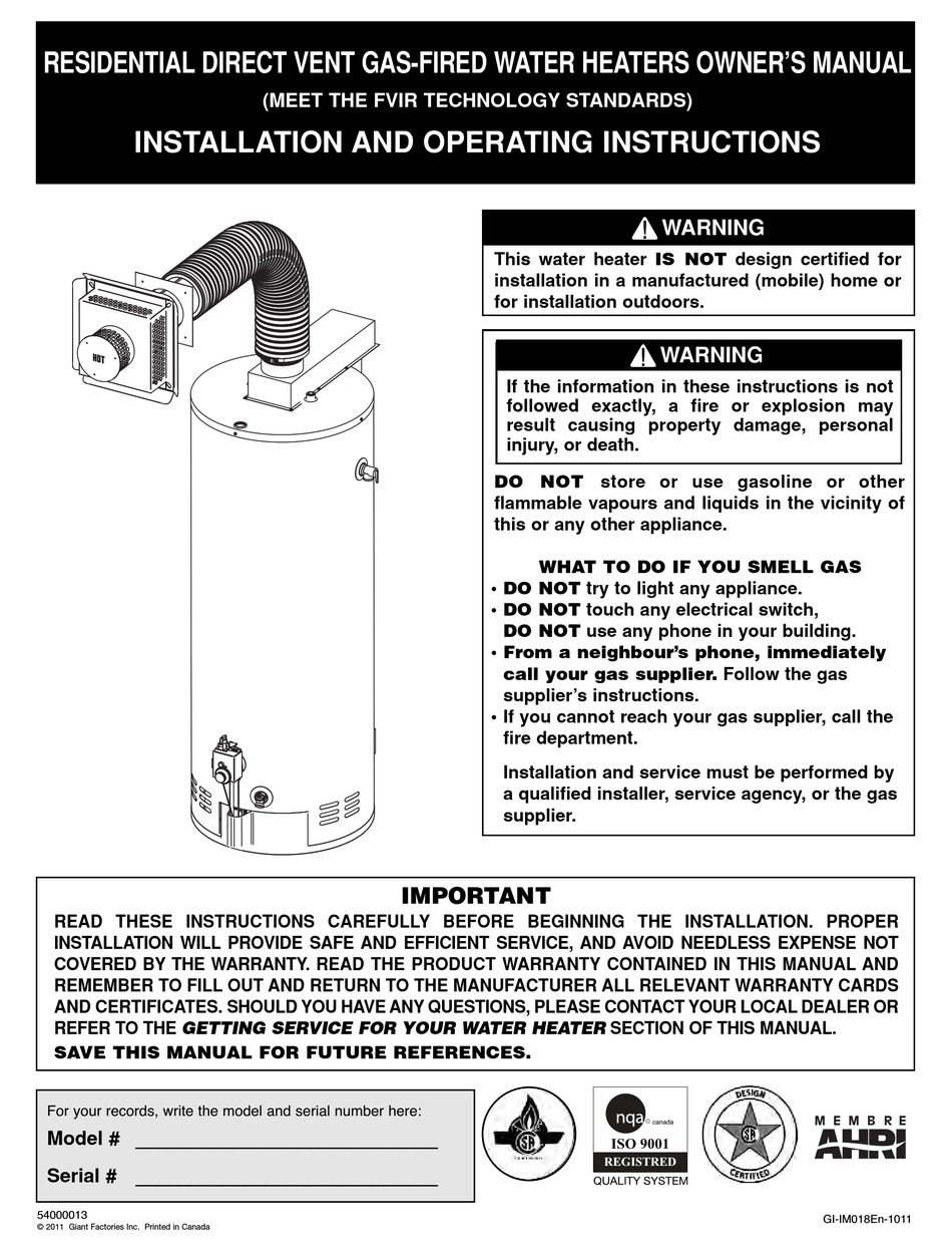 GIANT RESIDENTIAL DIRECT VENT GASFIRED WATER HEATERS INSTALLATION AND