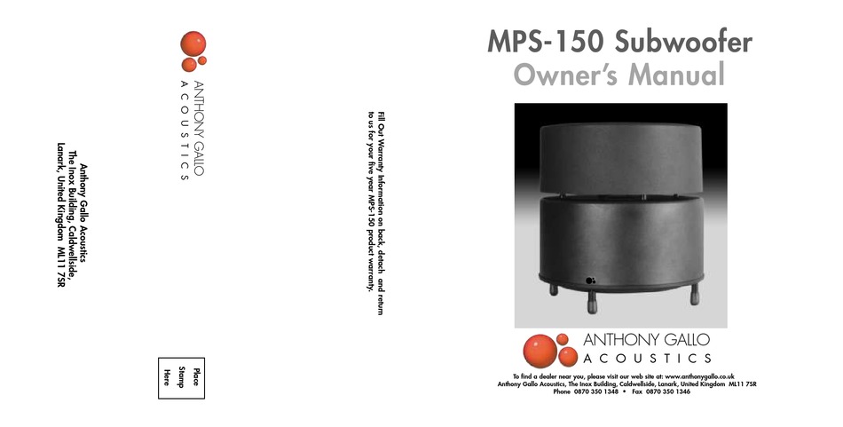ANTHONY GALLO ACOUSTICS MPS-150 OWNER'S 