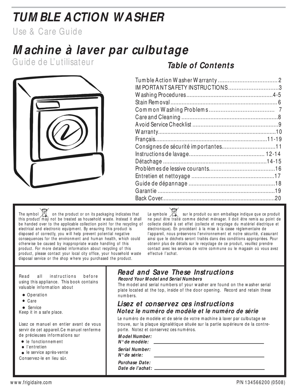 FRIGIDAIRE NLPWD15 USE & CARE MANUAL Pdf Download | ManualsLib