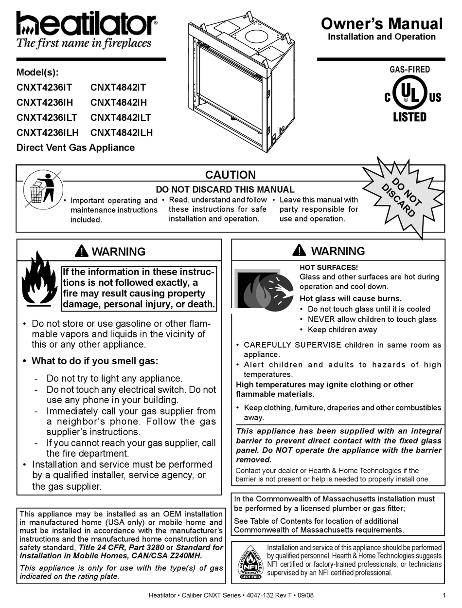 HEATILATOR CNXT4236IT OWNER'S MANUAL Pdf Download ManualsLib