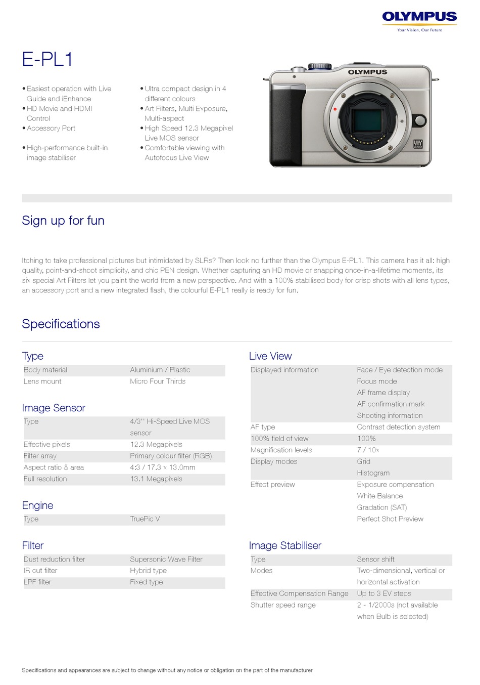 OLYMPUS EPL1 SPECIFICATIONS Pdf Download ManualsLib