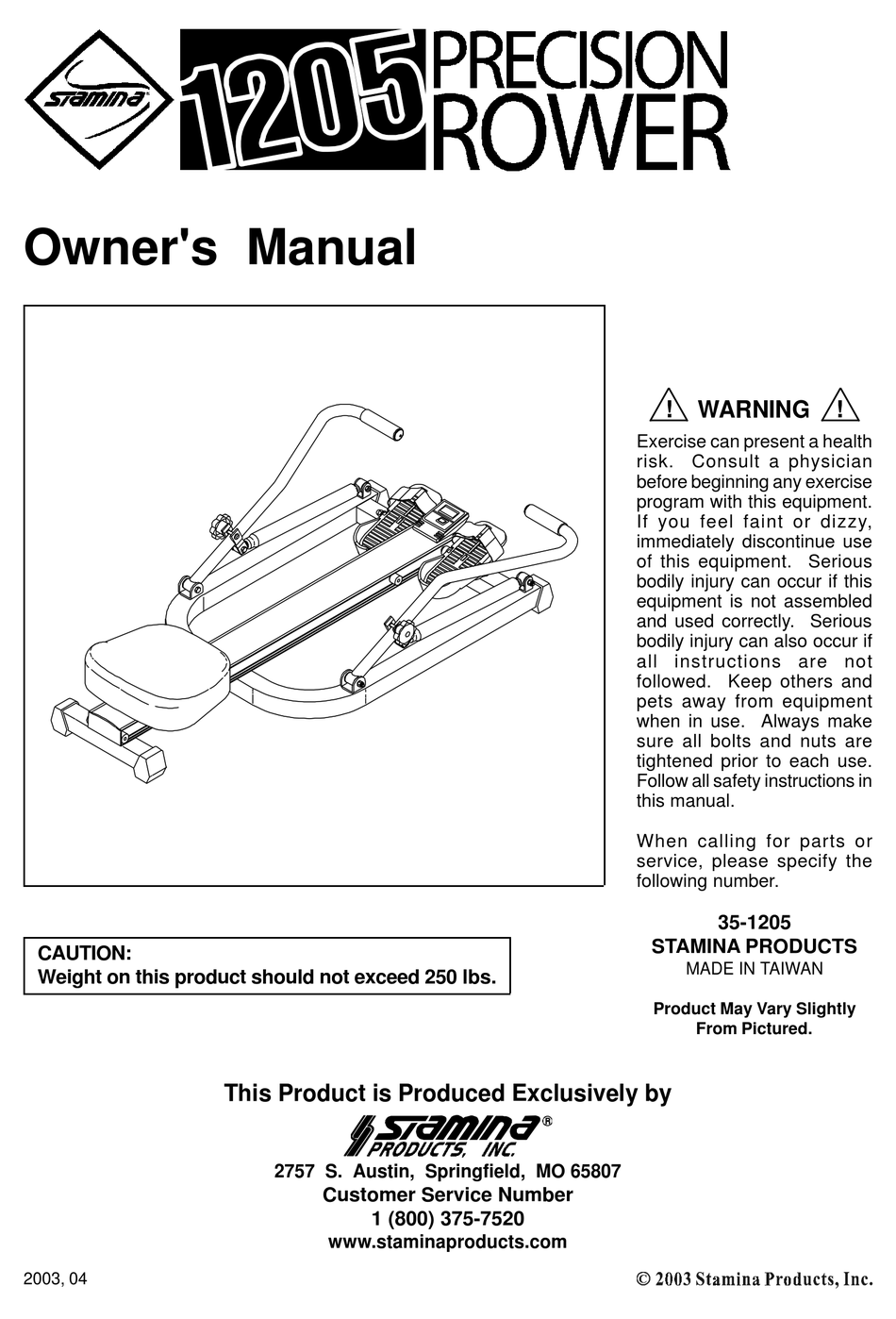 STAMINA 1205 PRECISION ROWER OWNER'S MANUAL Pdf Download | ManualsLib