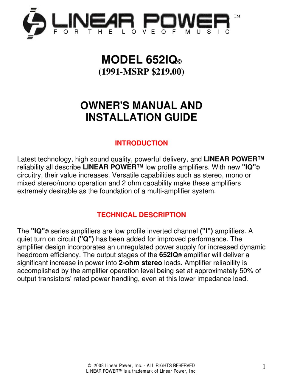 LINEAR POWER 652IQ OWNER'S MANUAL AND INSTALLATION MANUAL Pdf Download |  ManualsLib