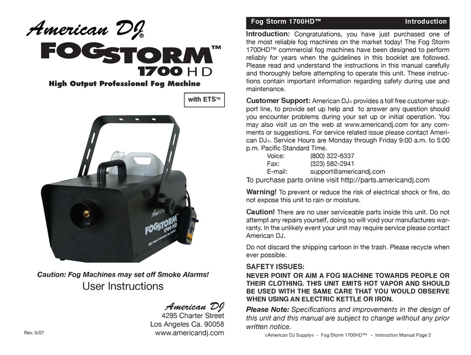 American Dj Fog Storm 1700hd User Instructions Pdf Download Manualslib