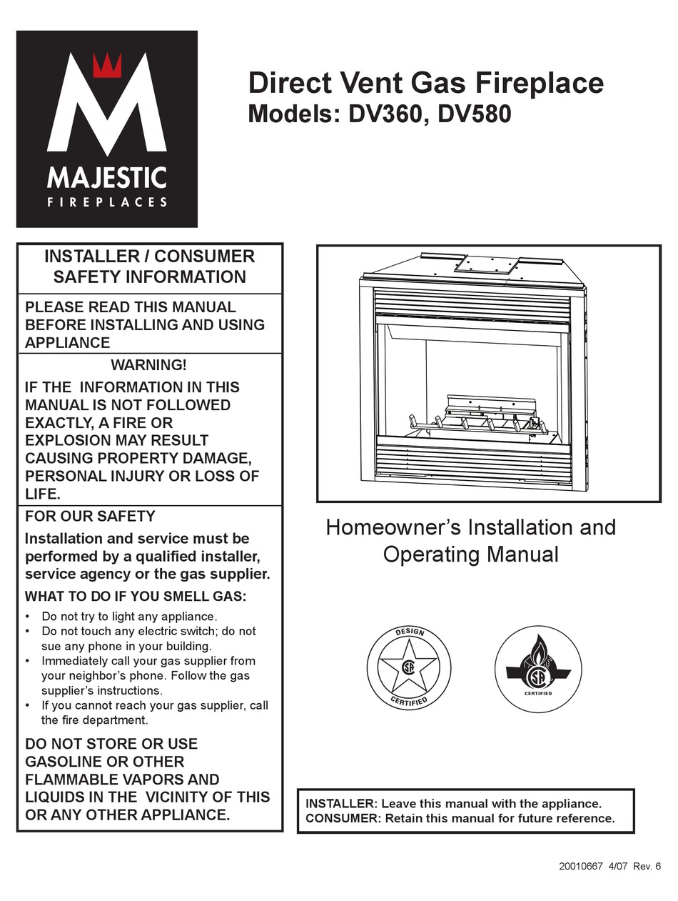 MAJESTIC FIREPLACES DV580 HOMEOWNER'S INSTALLATION AND OPERATING MANUAL