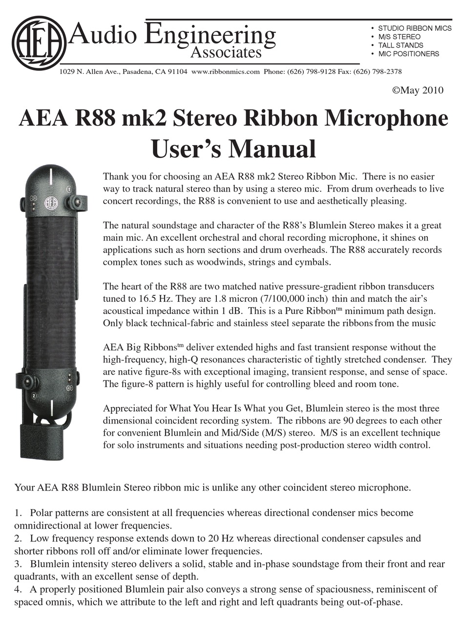AUDIO ENGINEERING ASSOCIATES AEA R88 USER MANUAL Pdf Download ManualsLib