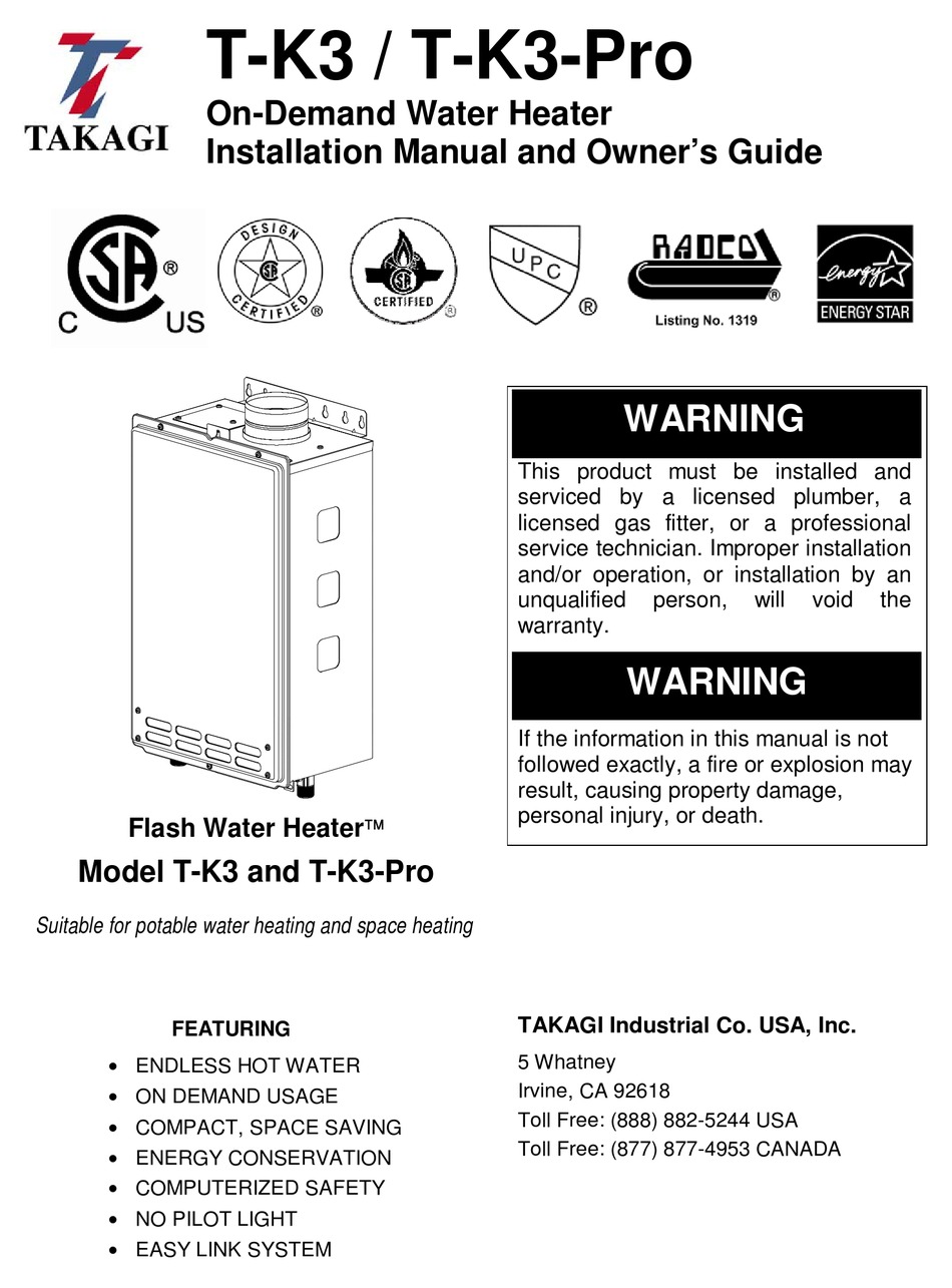 TAKAGI TK3 INSTALLATION MANUAL AND OWNER'S MANUAL Pdf Download