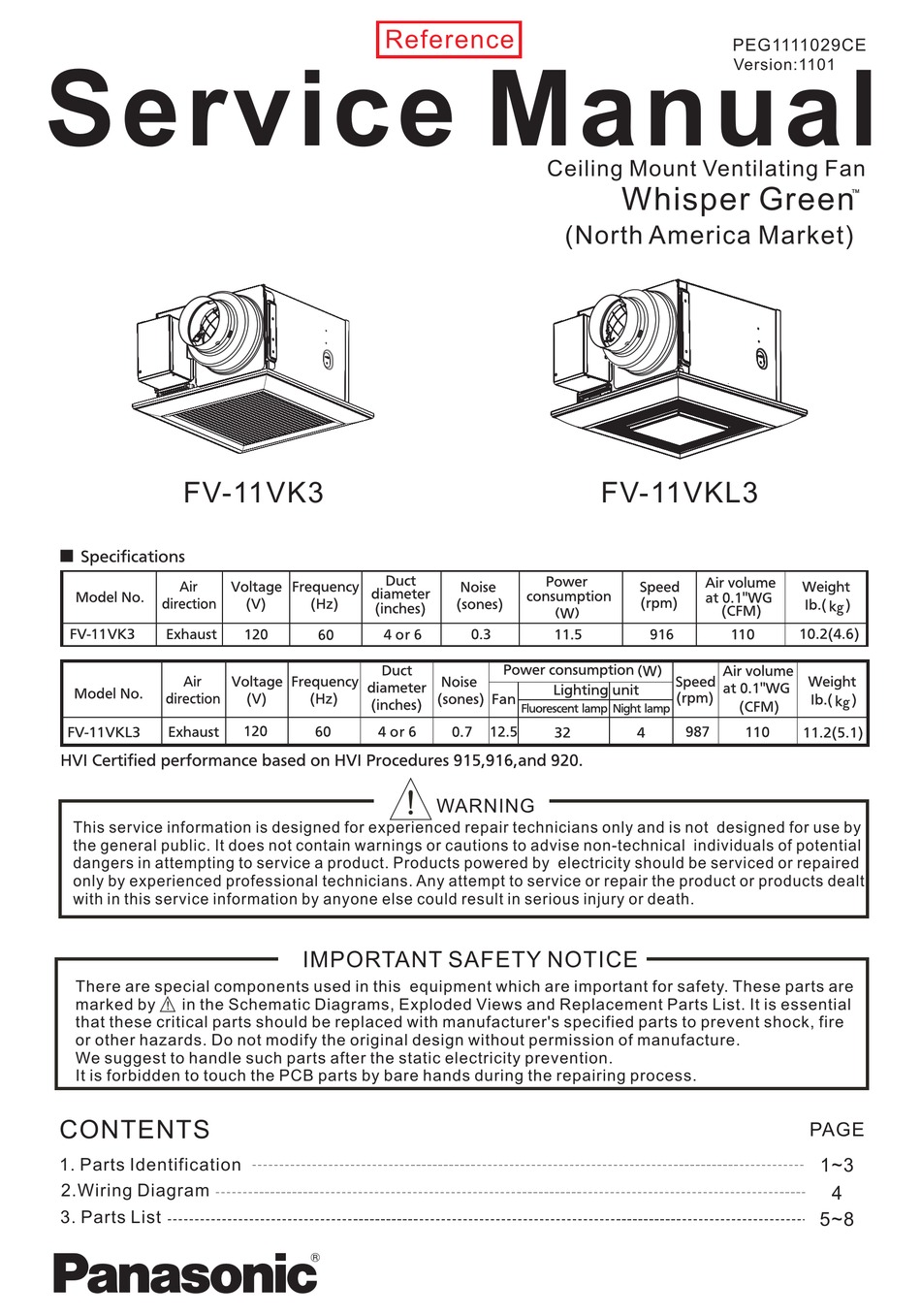 PANASONIC WHISPER GREEN FV-11VK3 SERVICE MANUAL Pdf Download | ManualsLib