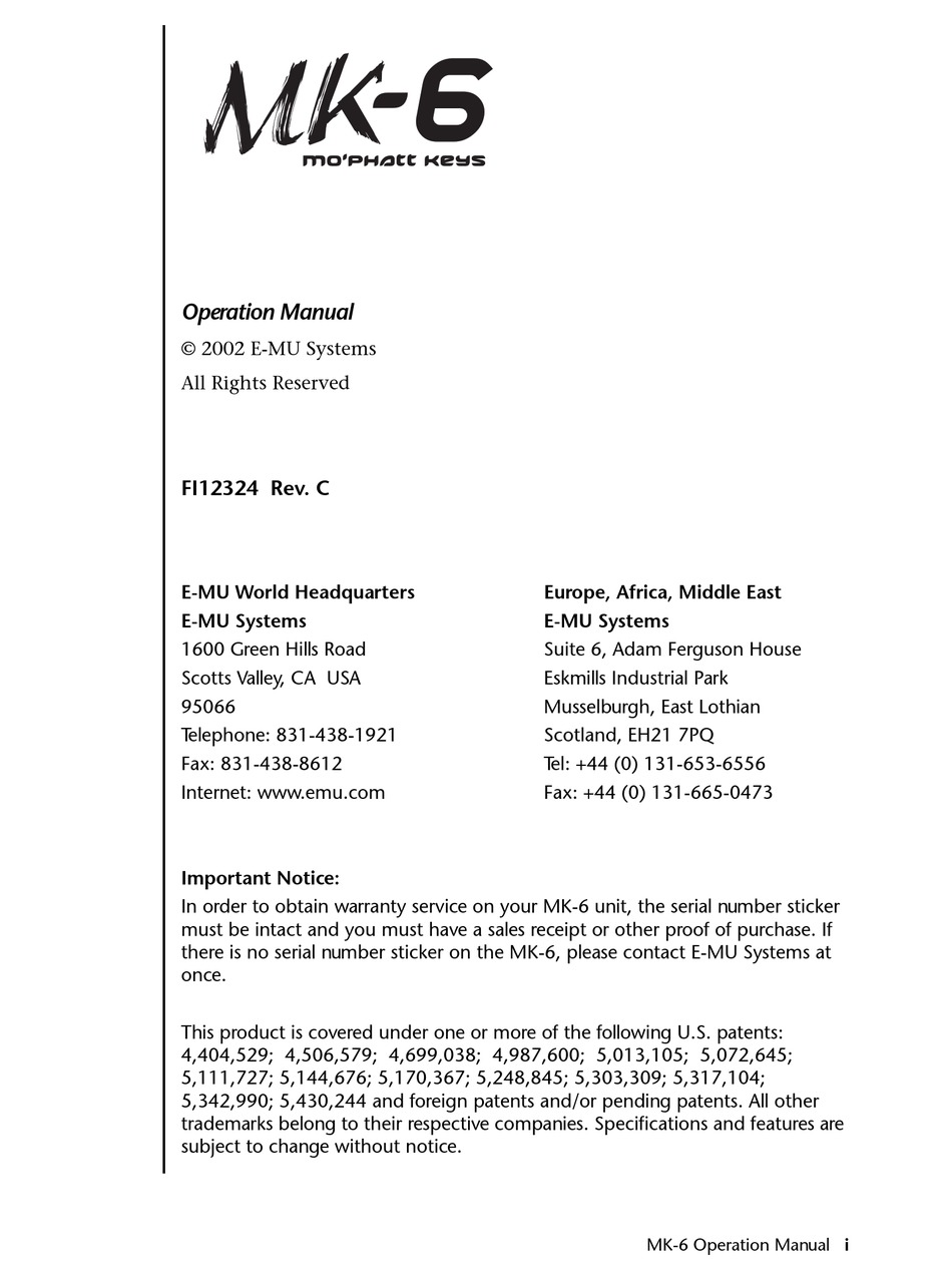 E-MU MO'PHATT KEYS MK-6 OPERATION MANUAL Pdf Download | ManualsLib