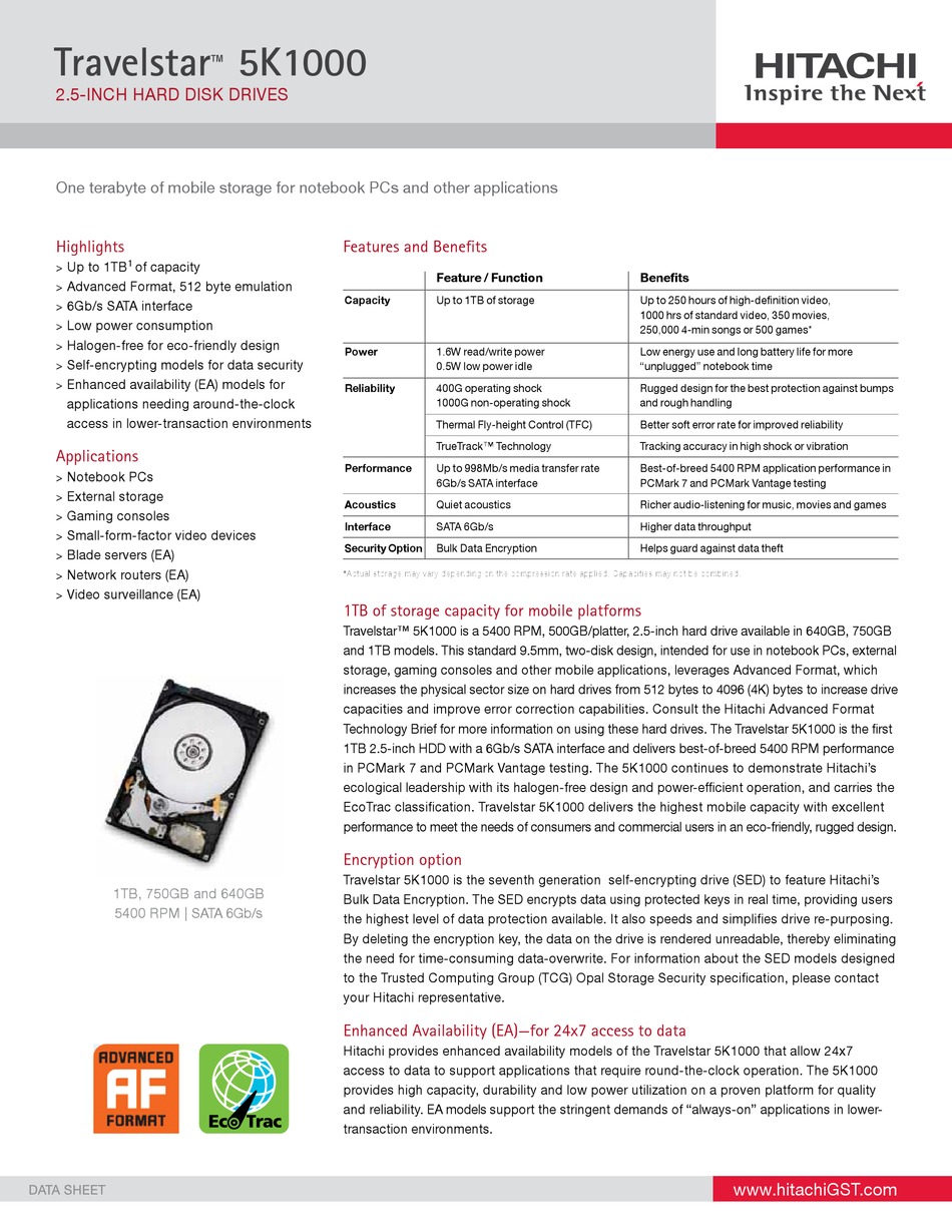 Hitachi Travelstar 5k1000 Datasheet Pdf Download Manualslib