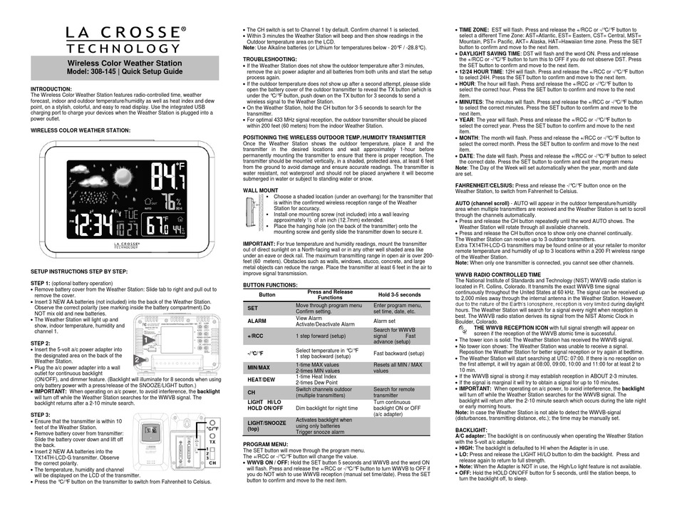 LA CROSSE TECHNOLOGY 308-145 QUICK SETUP MANUAL Pdf Download | ManualsLib
