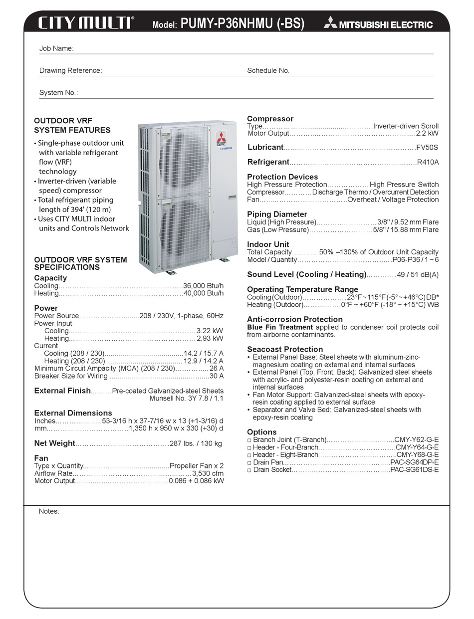 MITSUBISHI ELECTRIC CITY MULTI PUMY-P36NHMU DATASHEET Pdf Download ...