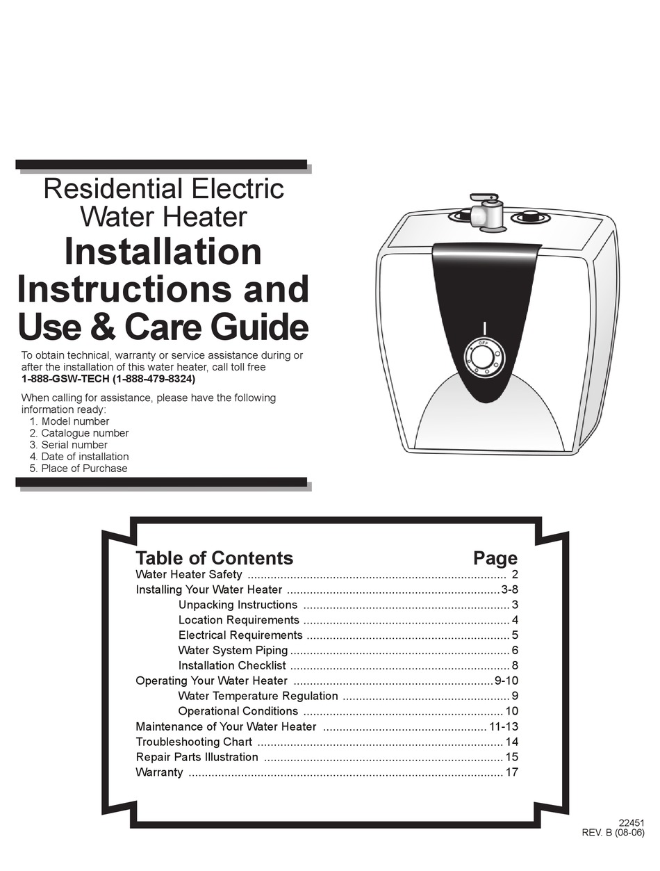 GSW RESIDENTIAL ELECTRIC WATER HEATER MANUAL Pdf Download ManualsLib
