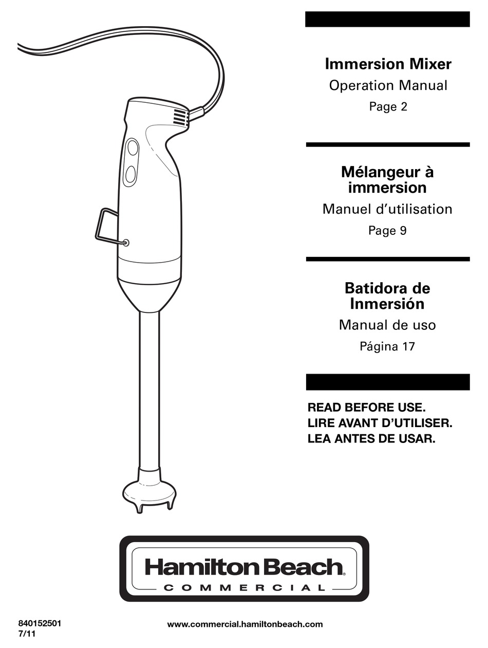 HAMILTON BEACH IMMERSION MIXER OPERATION MANUAL Pdf Download ManualsLib
