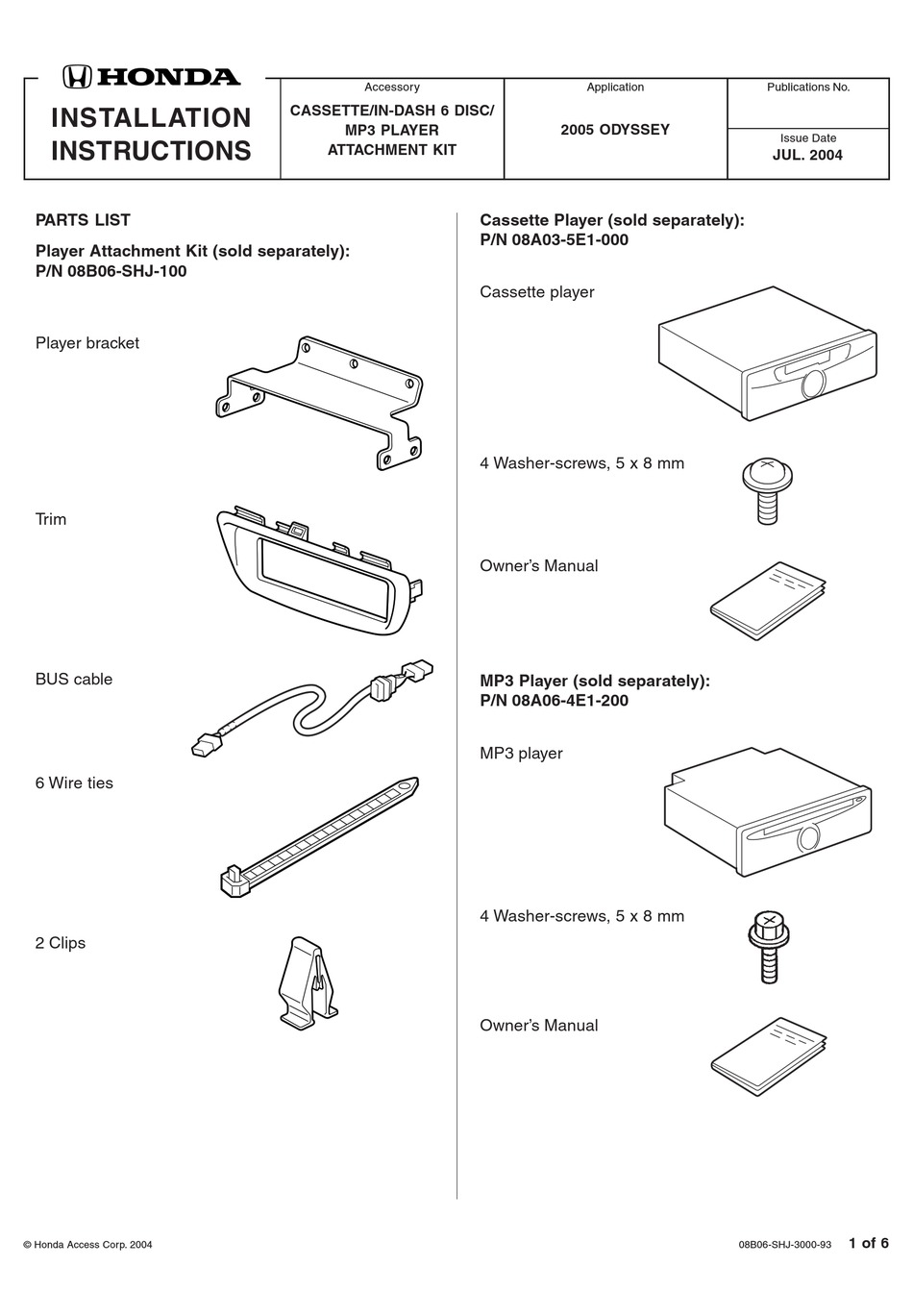 HONDA 2005 ODYSSEY INSTALLATION INSTRUCTIONS MANUAL Pdf Download