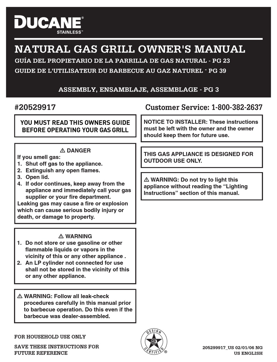 DUCANE NATURAL GAS GRILL OWNER'S MANUAL Pdf Download ManualsLib