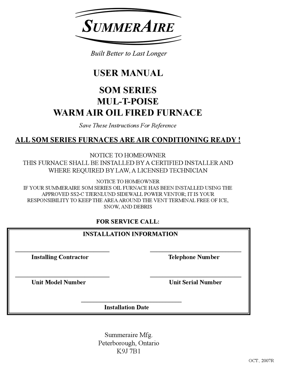 SUMMERAIRE SOM SERIES USER MANUAL Pdf Download | ManualsLib