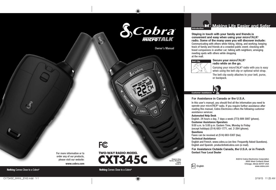 COBRA MICROTALK CXT345C OWNER'S MANUAL Pdf Download ManualsLib