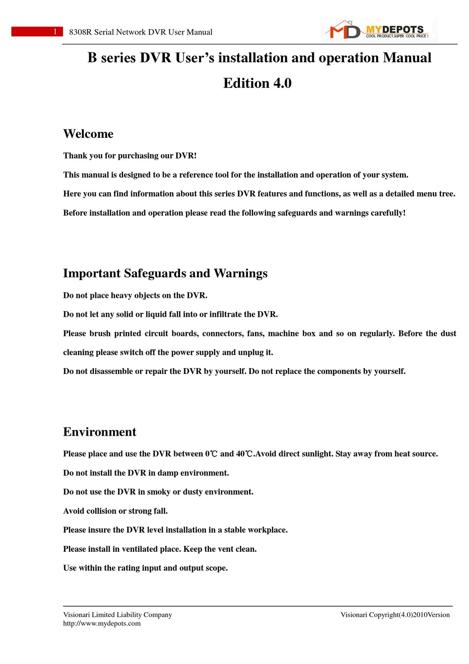 MYDEPOTS 8308R USER'S INSTALLATION AND OPERATION MANUAL Pdf Download