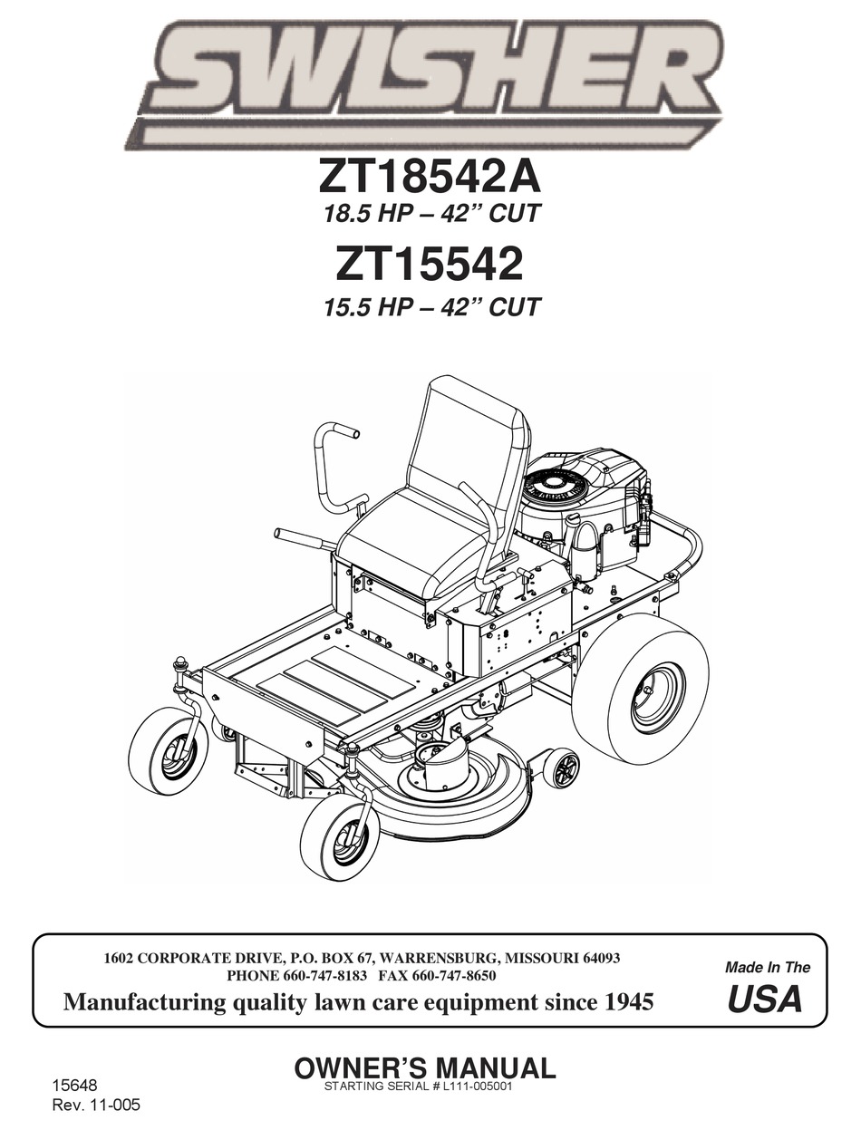 SWISHER ZT18542A OWNER'S MANUAL Pdf Download ManualsLib