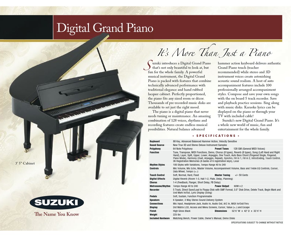 SUZUKI DIGITAL GRAND PIANO DATASHEET Pdf Download | ManualsLib