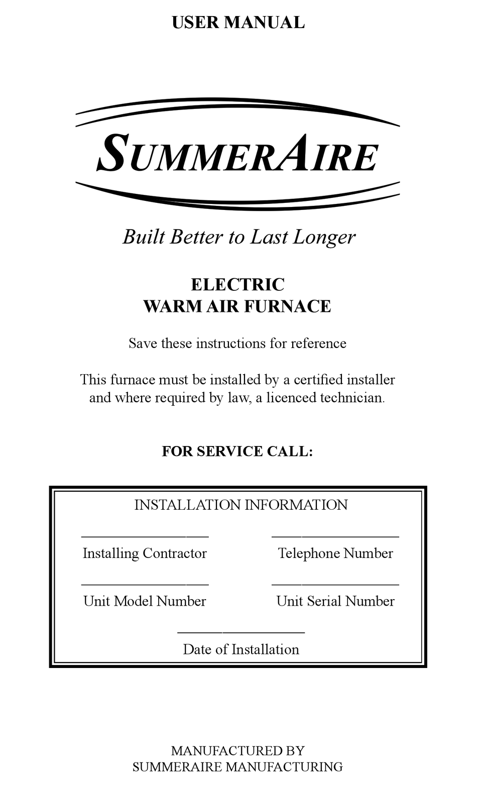SUMMERAIRE ELECTRIC WARM AIR FURNACE USER MANUAL Pdf Download | ManualsLib