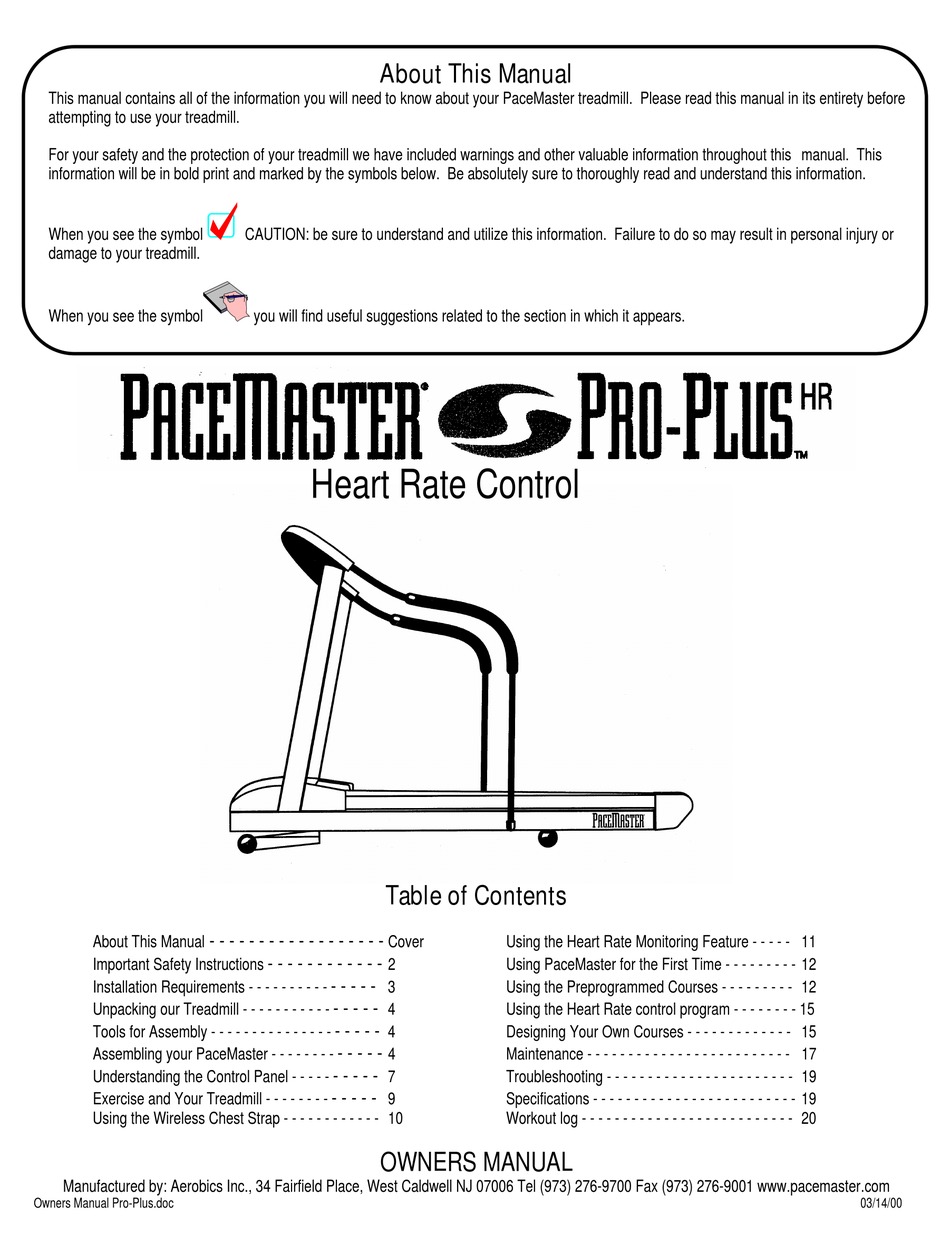 Pacemaster pro plus 2024 hr treadmill manual