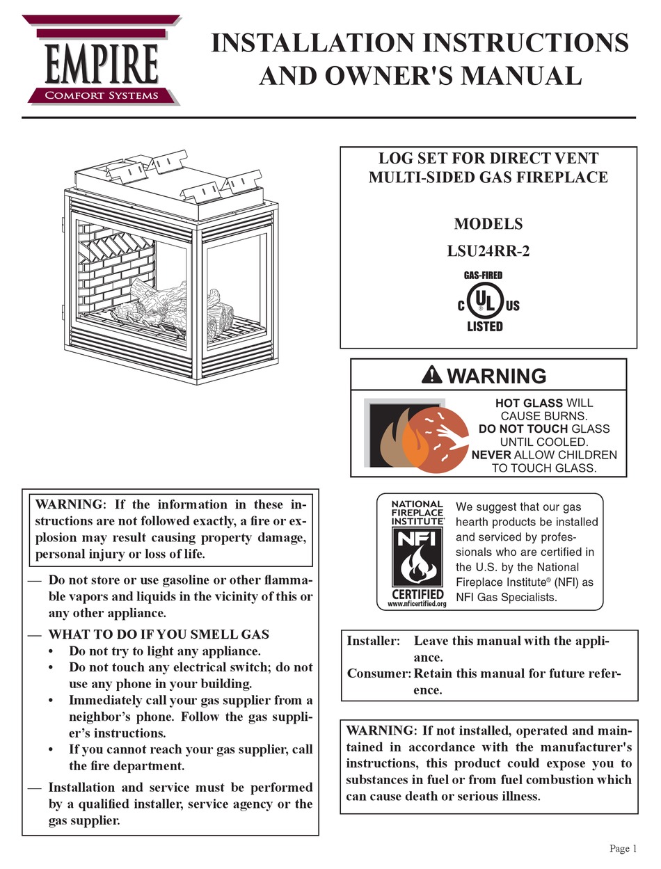 EMPIRE COMFORT SYSTEMS LSU24RR-2 INSTALLATION INSTRUCTIONS AND OWNER'S ...