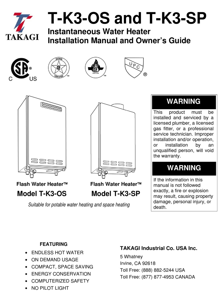 TAKAGI TK3SP INSTALLATION MANUAL AND OWNER