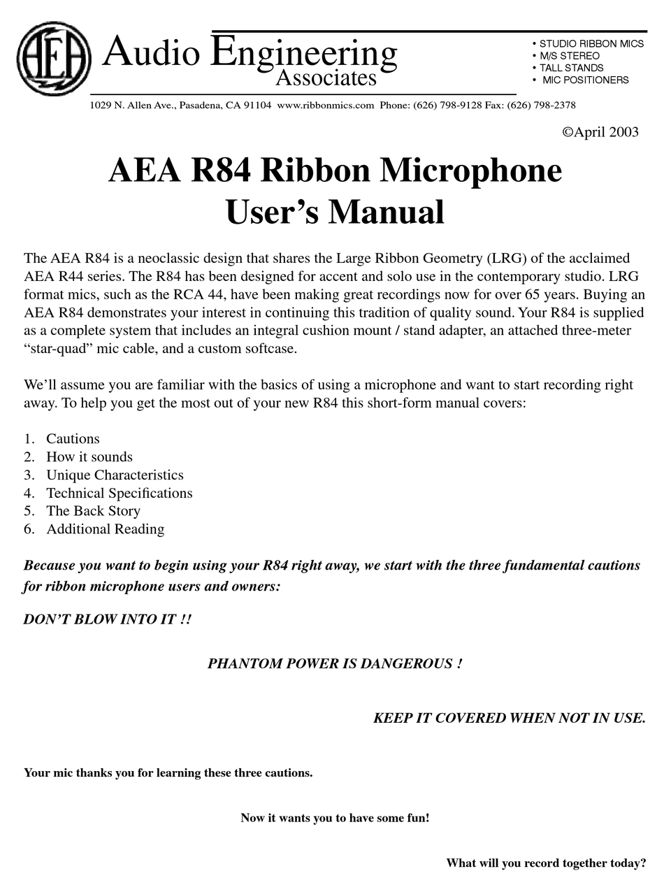 AUDIO ENGINEERING ASSOCIATES AEA R84 USER MANUAL Pdf Download ManualsLib