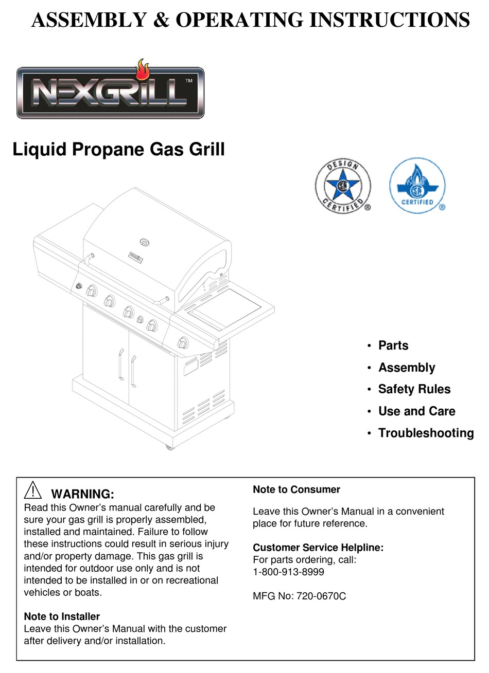 NEXGRILL LIQUID PROPANE GAS GRILL ASSEMBLY & OPERATING INSTRUCTIONS Pdf
