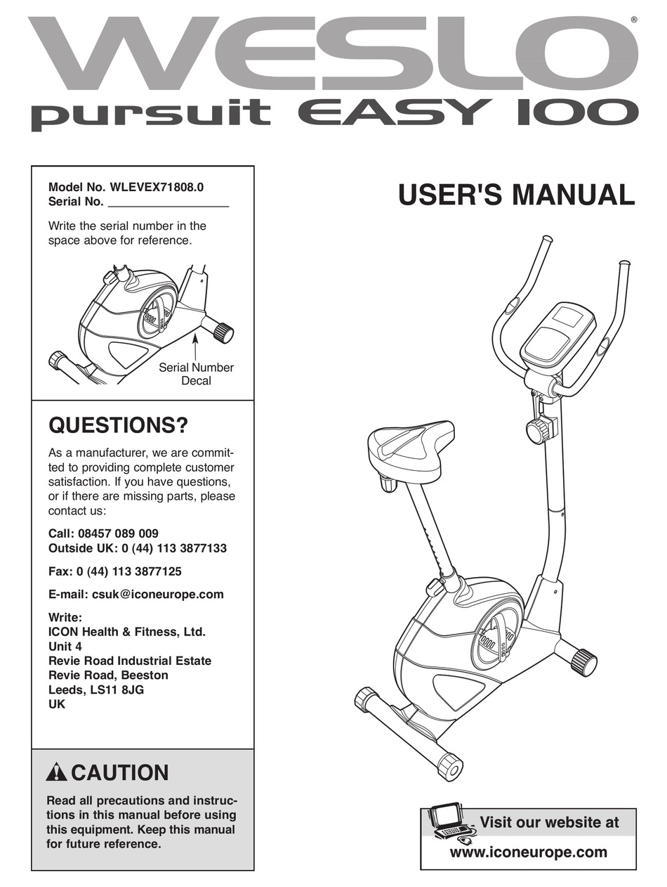 WESLO PURSUIT EASY 100 BIKE MANUAL Pdf Download | ManualsLib