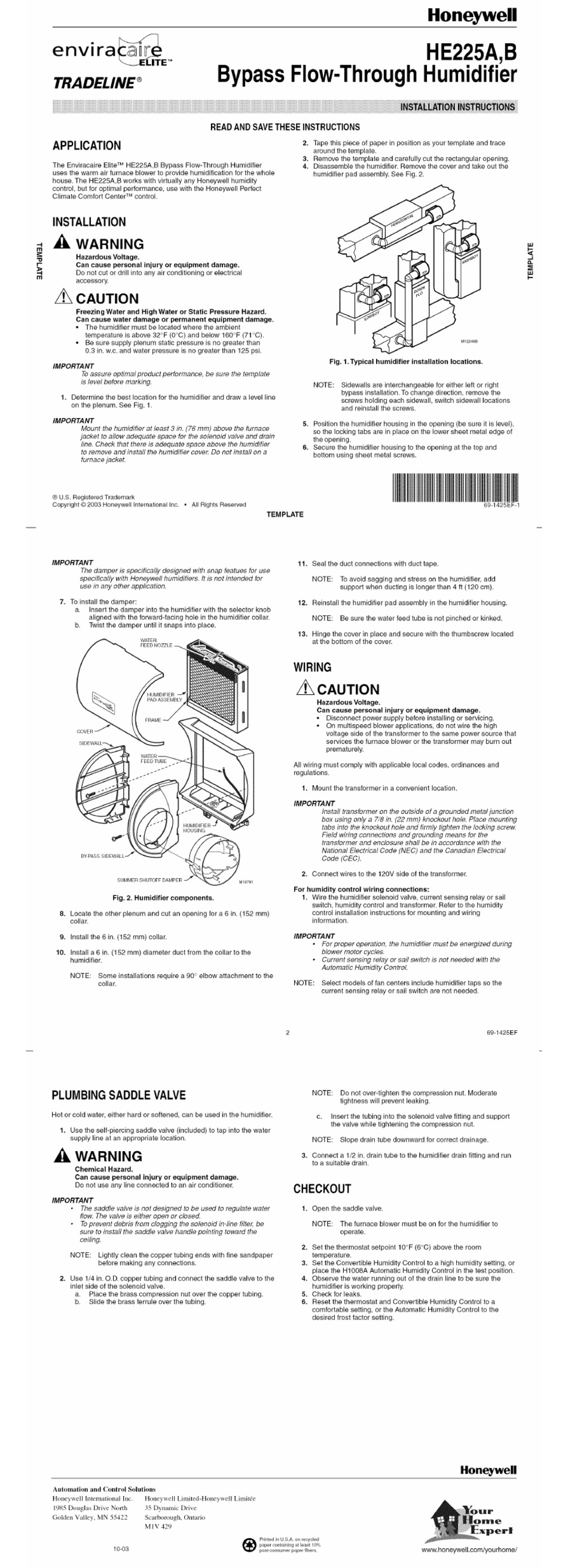 HONEYWELL ENVIRACAIRE ELITE HE225A INSTALLATION INSRTUCTIONS Pdf